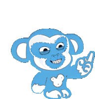 a blue and white monkey is pointing up