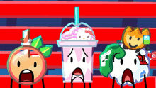 a group of cartoon characters are standing next to each other