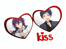 a couple of hearts with the word kiss in red