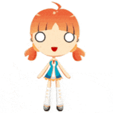 a cartoon girl with orange hair is wearing a blue dress .