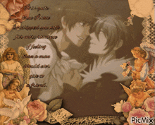 a picture of a man and woman is surrounded by angels and flowers and says picmix