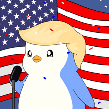 a cartoon of a penguin with donald trump 's hair standing in front of an american flag
