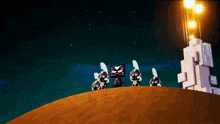 a group of cartoon characters standing on a hill with a tower in the background