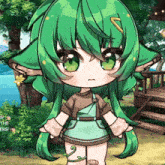 a cartoon girl with green hair and ears stands in front of a wooden deck