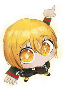 a chibi drawing of a girl with yellow hair and orange eyes giving a thumbs up .