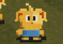 a pixel art drawing of a dog with a blue shirt on