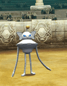 a robot with blue eyes is standing in a arena