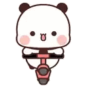 a panda bear is riding a scooter with a smile on its face .