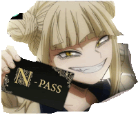 a girl holding a card that says n-pass on it