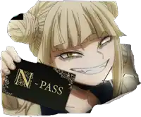 a girl holding a card that says n-pass on it