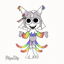 a cartoon drawing of a cat with a rainbow outfit and flipa clip written below it