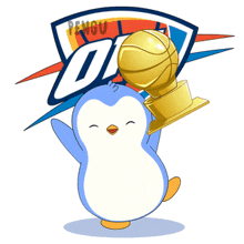 okc logo with a penguin holding a trophy and a basketball