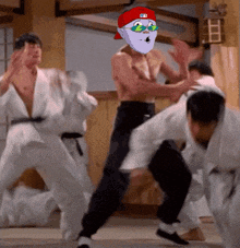 a man wearing sunglasses and a red hat with the letter b on it is dancing