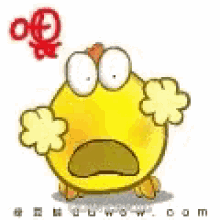 a cartoon chicken with a surprised look on its face and a flower in its mouth .