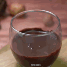 a glass filled with chocolate sauce with the words mr.cakes above it