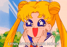 a cartoon of sailor moon with a surprised look on her face and the words `` lynn when sailor moon '' below her .