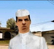 a man wearing a white hat and a white shirt is standing on a street .