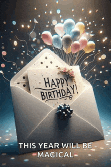 an envelope with balloons and a card that says happy birthday on it