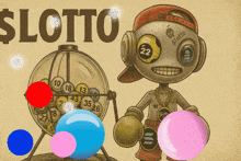 a drawing of a robot holding bubbles in front of a $ lotto machine