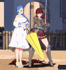 a woman in a white dress is standing next to a woman in a knight 's armor holding an umbrella .