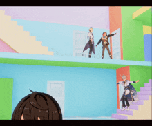 a group of anime characters are standing in a colorful room with stairs