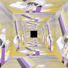 a computer generated image of a hallway with purple and yellow walls