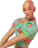 a bald woman is wearing a floral shirt