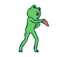 a green frog is standing and holding a red object in its mouth .