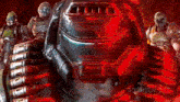 a group of doom slayer standing next to each other with a red background