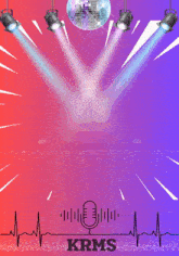 a poster for krms with a disco ball and a heartbeat line