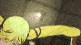 a girl with yellow hair is standing in a dark room with a light on the ceiling