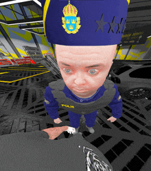 a baby wearing a blue police uniform with the word polis on it