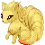 a pixel art of a yellow cat with red eyes and a long tail .