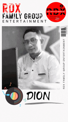 a poster for rdx family group entertainment shows a man sitting in front of a laptop