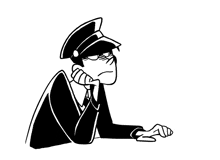 a black and white drawing of a man in a suit and hat sitting down with his hand on his chin .