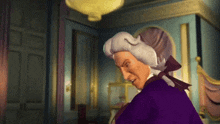a cartoon character in a room with a purple coat and a white wig
