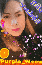 a picture of a woman says hello wonderful purple weew