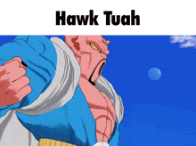 a picture of hawk tuah with a blue and white shirt on