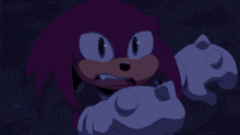 a cartoon character with a red eye is standing in front of a purple light .