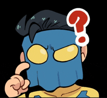 a cartoon character wearing a blue mask has a red question mark above his head