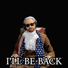 a man sitting in a chair with the words " i 'll be back " on the bottom
