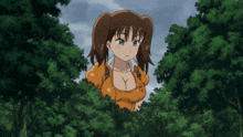 a cartoon girl with a very large breast is standing in a forest