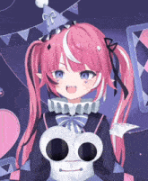 a girl with pink hair and blue eyes wearing a party hat