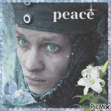 a picture of a man wearing a hat with peace written on it
