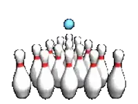 a blue bowling ball is hitting a bunch of white pins