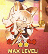 a cartoon character is holding a sword and a trophy and has a max level .