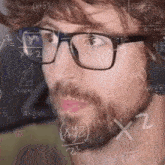 a man wearing glasses and a beard is surrounded by math equations .