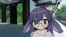 a cartoon character with purple hair and glasses is standing in front of a sign that says 2