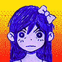a pixel art drawing of a girl with blue hair and a bow on her head .
