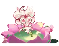 a cartoon character is sitting on top of a pink lotus flower .